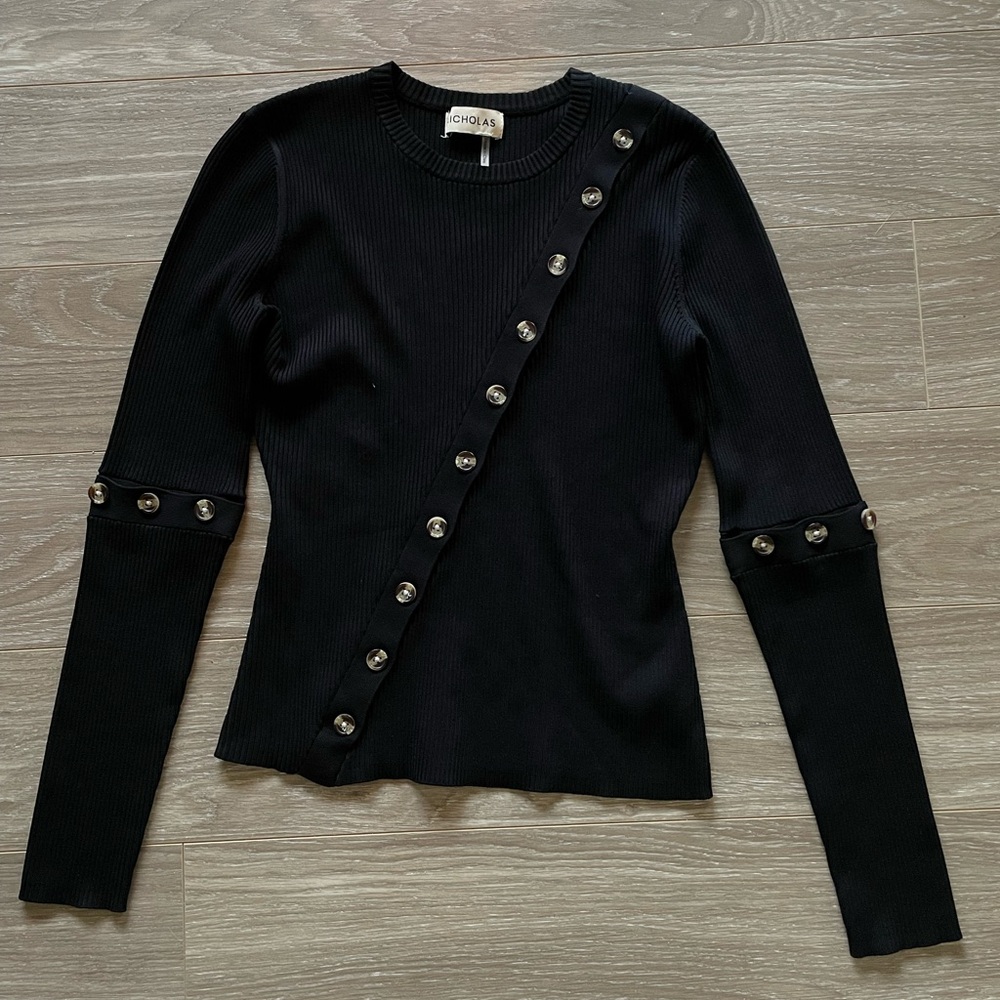 NICHOLAS Women’s Jay Rib Knit Black Long Sleeve Top with Buttons Sz S EUC